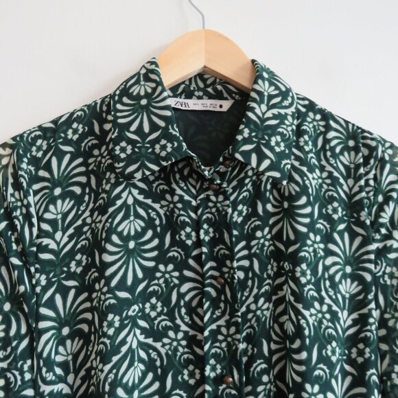 ZARA Sheer Leaf Print Belted Button Front Dress in Forest Green Boho - Size S - Picture 6 of 16